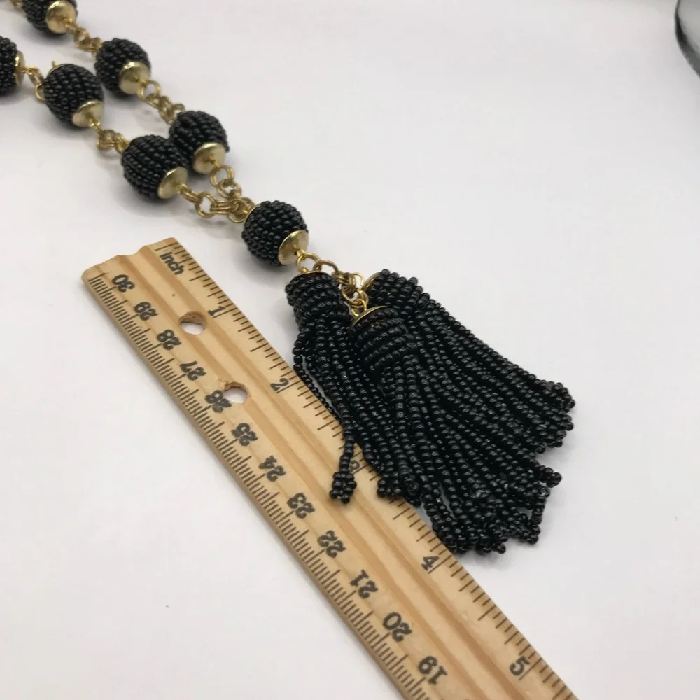 Elegant Black Seed Beads and Gold-Tone Accents with Beaded Tassels Necklace - Picture 7 of 8